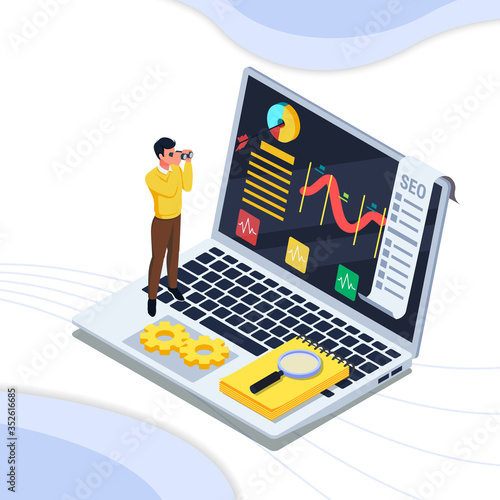 Man using binoculars on the laptop. Isometric seo optimization illustration concept. Vector