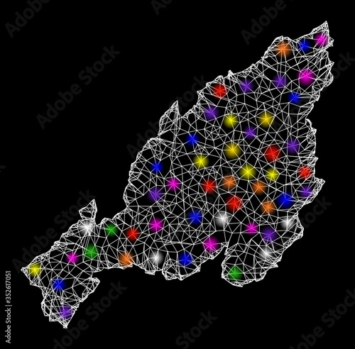 Web mesh vector map of Nagaland State with glare effect on a black background. Abstract lines, light spots and dots form map of Nagaland State constellation.