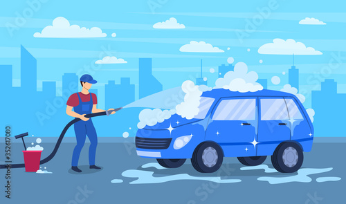 Cartoon Color Character Person Male Washing Car Concept. Vector