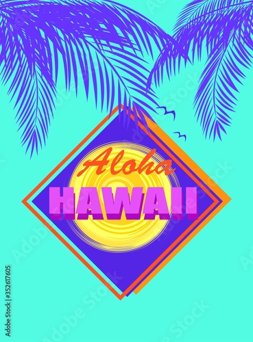 Fashion t shirt mint color neon print with Aloha Hawaii lettering, coconut navy blue palm leaves and abstract yellow sun