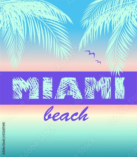 Fashion t shirt neon print with ocean sunset, Miami beach lettering, coconut mint color palm leaves and seagull