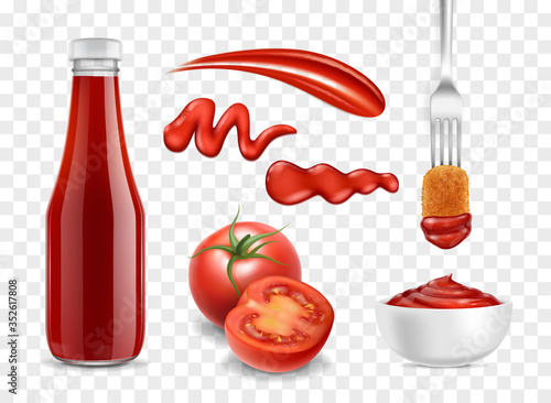 Realistic Detailed 3d Ketchup Elements Set. Vector