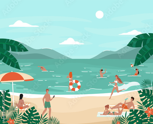 Cartoon Color Characters People Having Fun on The Beach Concept. Vector