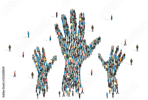 Silhouettes of hands made from people mob on white background, vector illustration in flat style