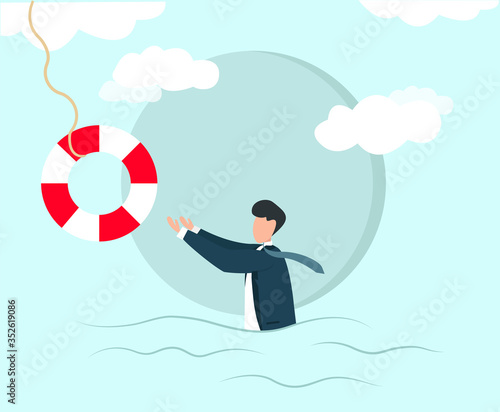 Insurance and financial aid to small companies. Businessman reaching for life saver, vector illustration in flat style