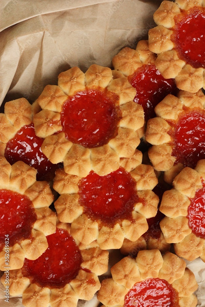 Delicious fresh cookies with strawberry jam macro