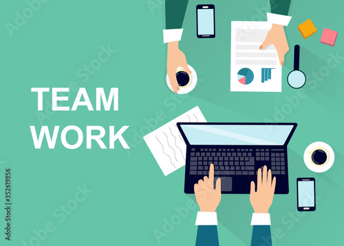 Collaboration concept. Top view of business team working with laptop and documents, vector illustration in flat style