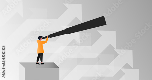 Business growth. Person with telescope and arrows pointing up on grey background, vector illustration in flat style