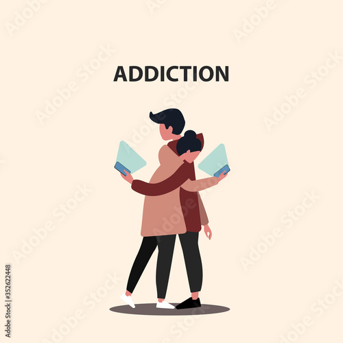 Internet addiction. Millennial couple staring into smartphones while hugging, vector illustration in flat style