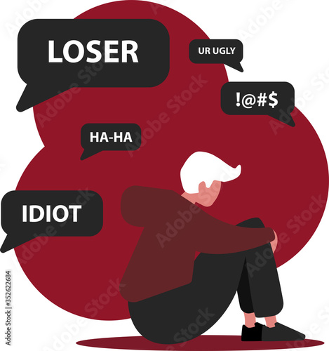 No to cyberharassment. Stressed guy bullied online by chat messages, vector illustration in flat style