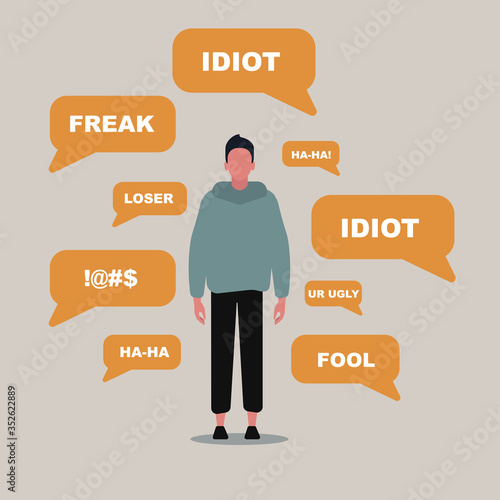 Anti cyber bullying. Teenage guy surrounded by abusive comments on grey background, vector illustration in flat style