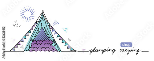 Glamorous camping concept. Vector tent, camp simple web banner. Glamping camping lettering. Sketch illustration, background, poster, banner.One continuous line drawing background with tent.