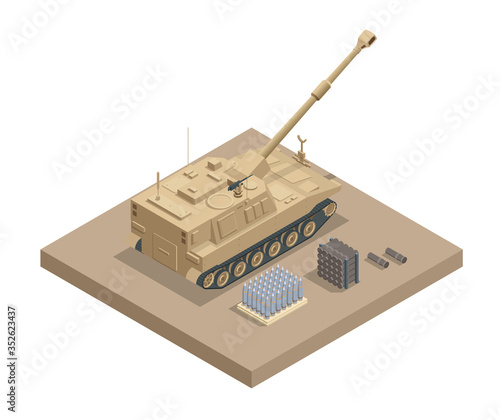 Isometric M109 is an American 155 mm turreted self-propelled howitzer. Self-propelled gun. Howitzer isolated on white high quality vector illustration. Equipment for the war.
