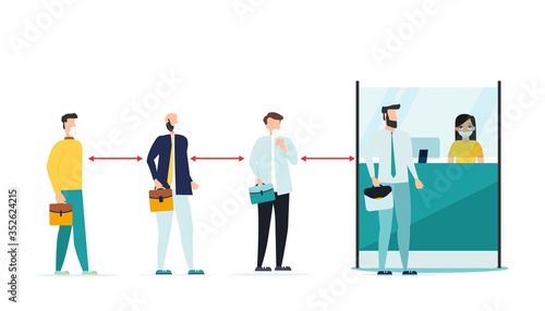 Social distancing and coronavirus covid-19 prevention: maintain a safe distance from others in public offices and banks