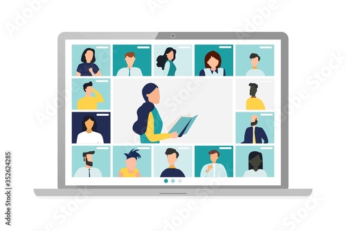 Conference video call, remote project management, quarantine, chat with friends. Vector illustration in a modern style.