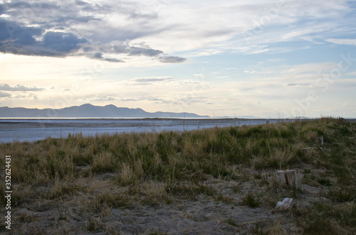 A wide view of the grassland basin area of the great salt lake in the utah landscapes. 