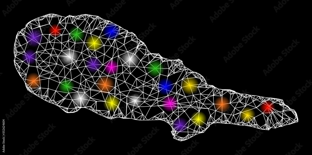 Web mesh vector map of Pico Island with glare effect on a black background. Abstract lines, light spots and circle dots form map of Pico Island constellation.