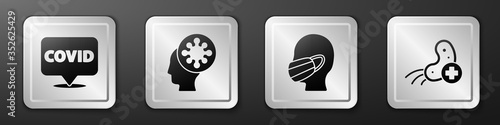 Set Corona virus covid-19 on location, Human and virus, Face in a medical protective mask and Positive virus icon. Silver square button. Vector.