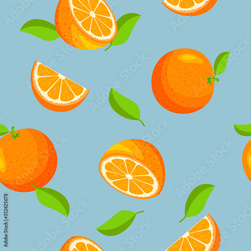 Seamless vector pattern with whole, half, cut slice of orange. Tangerine and leaves. Vegan food vector icons in a trendy cartoon style. Healthy food design concept for web page backgrounds, package