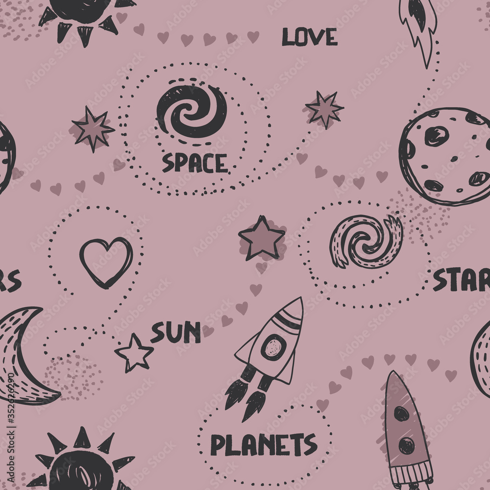 Naklejka premium Seamless cute space pattern. It is good for baby clothes, baby bedding, wallpapers, notebook covers, etc.