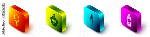 Set Isometric Hand mirror, Perfume, Mascara brush and Spray can for hairspray icon. Vector.