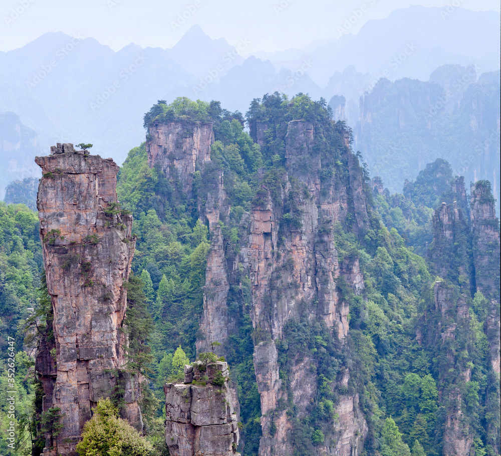 Panoramic mountain view in Zhangjiajie National Forest Park at Wulingyuan Scenic Area, Hunan province of China