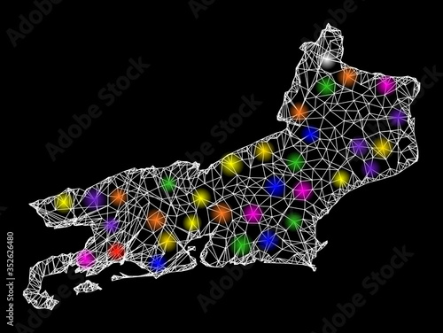 Web mesh vector map of Rio de Janeiro State with glare effect on a black background. Abstract lines, light spots and circle dots form map of Rio de Janeiro State constellation.