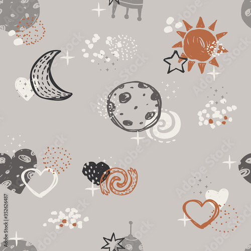 Seamless cute space pattern. It is good for baby clothes, baby bedding, wallpapers, notebook covers, etc.