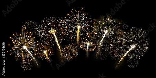 Golden firecracker. Shiny gold fireworks arc, premium yellow firework burst and luxury holiday celebration vector illustration