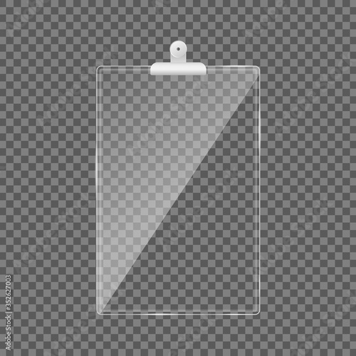 Blank glass clipboard. Acrylic glass plates with gleams and light reflections in rectangle shape. Mockup vector isolated. Template design. Realistic vector illustration.