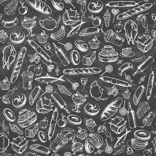 Collection of hand-drawn food on the blackboard. Retro vintage style food design.Seamless pattern. Vector illustration.