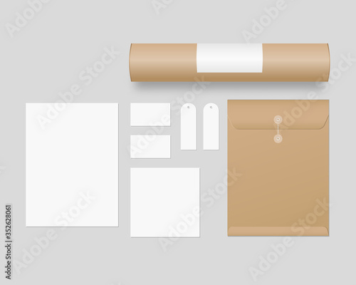 Corporate identity template set. Business stationery mockup with envelope, paper, business cards, paper tube, price tags. Mockup vector isolated. Template design. Realistic vector illustration.
