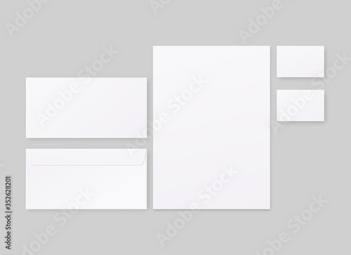 Corporate identity template set. Business stationery mockup with envelope, paper, business cards. Mockup vector isolated. Template design. Realistic vector illustration.