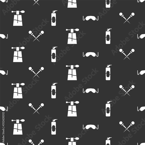 Set Eye sleep mask, Knitting needles, Perfume and Spray can for hairspray on seamless pattern. Vector.