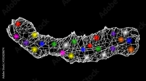 Web mesh vector map of Sao Miguel Island with glare effect on a black background. Abstract lines, light spots and small circles form map of Sao Miguel Island constellation.