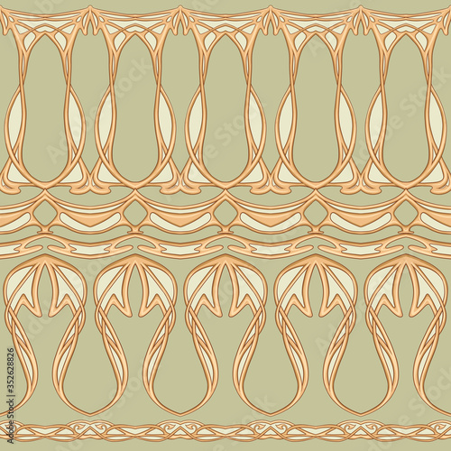 Seamless pattern, border. Wood carving imitation in art nouveau style, vintage, old, retro style. Colored vector illustration in soft green and beige colors.