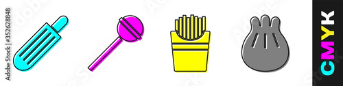 Set French hot dog, Lollipop, Potatoes french fries in box and Khinkali on cutting board icon. Vector.