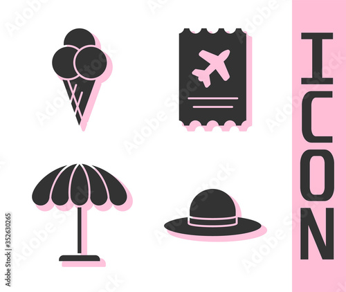 Set Elegant women hat, Ice cream in waffle cone, Sun protective umbrella for beach and Airline ticket icon. Vector.