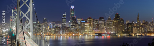 Panoramic Views of San Francisco Bay Bridge and Waterfront at Night. Yerba Buena Island, San Francisco, California, USA.  © Yuval Helfman
