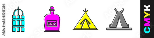 Set Detonate dynamite bomb stick, Alcohol drink Rum bottle, Indian teepee or wigwam and Indian teepee or wigwam icon. Vector.
