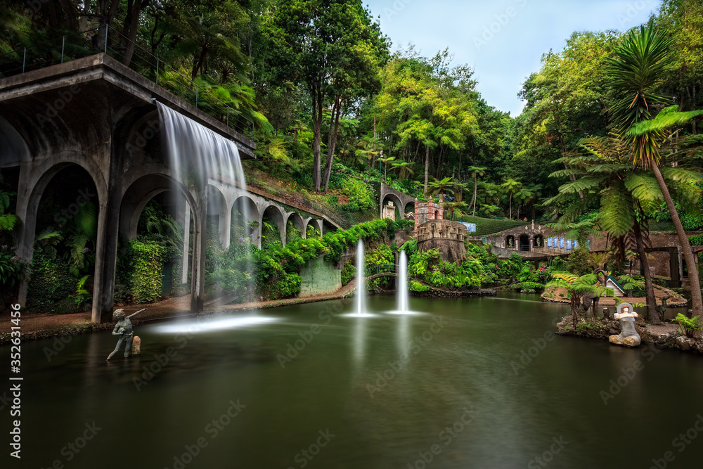 Beautiful waterfall at Monte Palace Tropical Garden in Funchal, Madeira