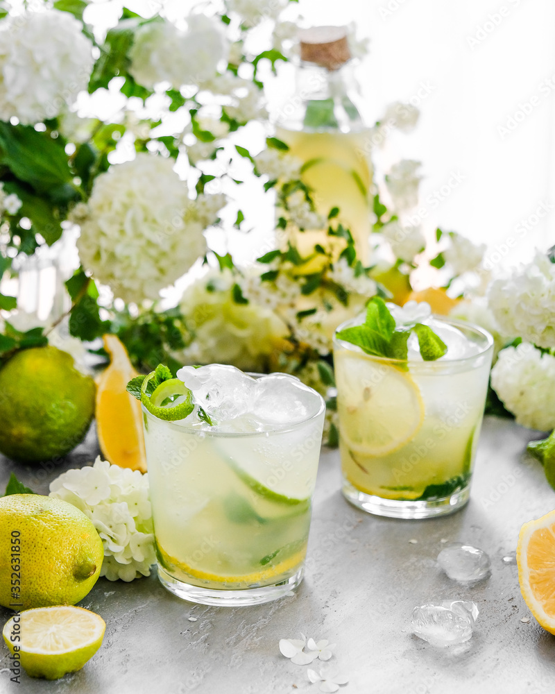 Summer composition. The table is strewn with garden flowers. Hydrangeas, jasmine, daisies in the morning sun. Fresh citrus lemonade is poured into glasses. Ice is scattered on the table. it melts, cre Summer composition. The table is strewn with garden flowers. Hydrangeas, jasmine, daisies in the morning sun. Fresh citrus lemonade is poured into glasses. Ice is scattered on the table. it melts, cre