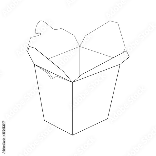 Vector black line illustration of the empty opened chinese box isolated on white background. Restraunt take out box, product packing