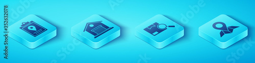 Set Isometric Document tracking marker system, Warehouse, Placeholder on map paper and Search package icon. Vector.