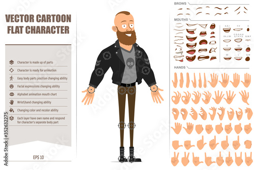 Cartoon flat bearded punk hooligan with mohawk in leather jacket. Ready for animation. Face expressions, eyes, brows, mouth and hands easy to edit. Isolated on white background. Big vector icon set.