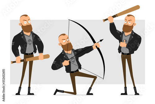Cartoon flat funny strong bearded punk hooligan with mohawk in leather jacket. Ready for animation. Boy shooting with bow and holding wooden baseball bat. Isolated on gray background. Vector icon set.