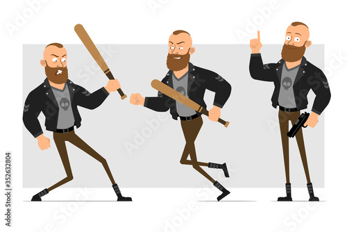 Cartoon flat funny strong bearded punk hooligan with mohawk in leather jacket. Ready for animation. Boy fighting with wooden baseball bat and gun. Isolated on gray background. Vector icon set.