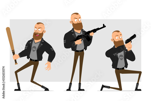 Cartoon flat strong bearded punk hooligan with mohawk in leather jacket. Ready for animation. Boy holding baseball bat, shooting with pistol and rifle. Isolated on gray background. Vector icon set.