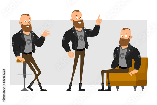 Cartoon flat funny strong bearded punk hooligan with mohawk in leather jacket. Ready for animation. Boy sitting on sofa and showing attention gesture. Isolated on gray background. Vector icon set.