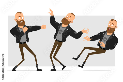 Cartoon flat funny strong bearded punk hooligan with mohawk in leather jacket. Ready for animation. Angry boy fighting and falling down unconscious. Isolated on gray background. Vector icon set.